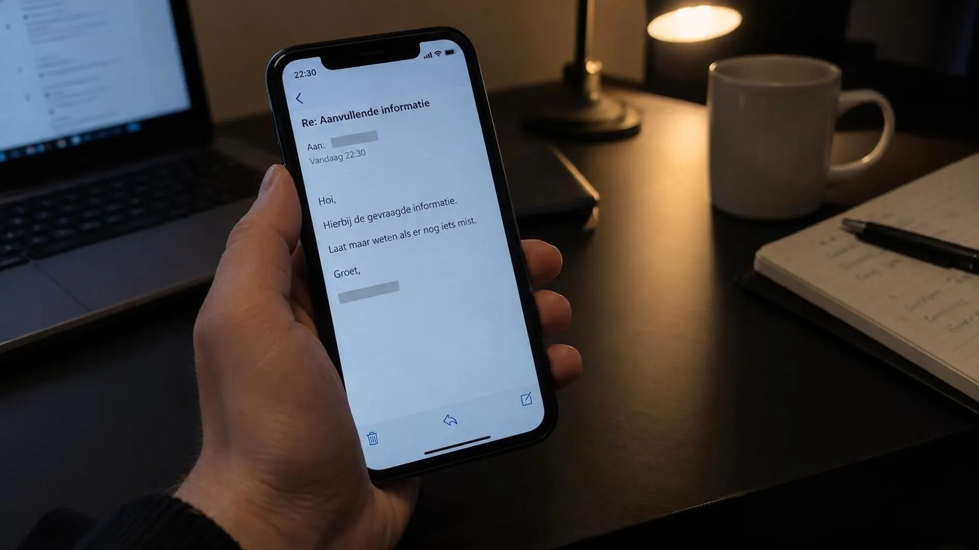 Close-up van een telefoonscherm op een donker bureau met een verzonden e-mail om 22:30 uur