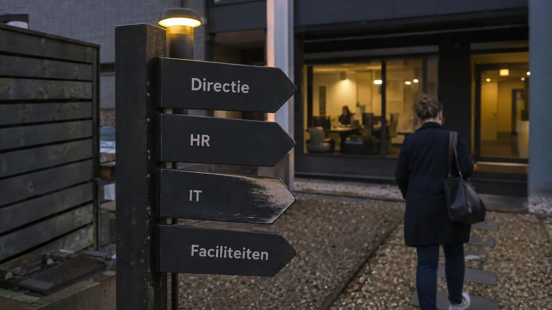 Een bewegwijzeringsbord op kantoor met pijlen naar afdelingen, waarvan er één duidelijk vaker is aangeraakt.