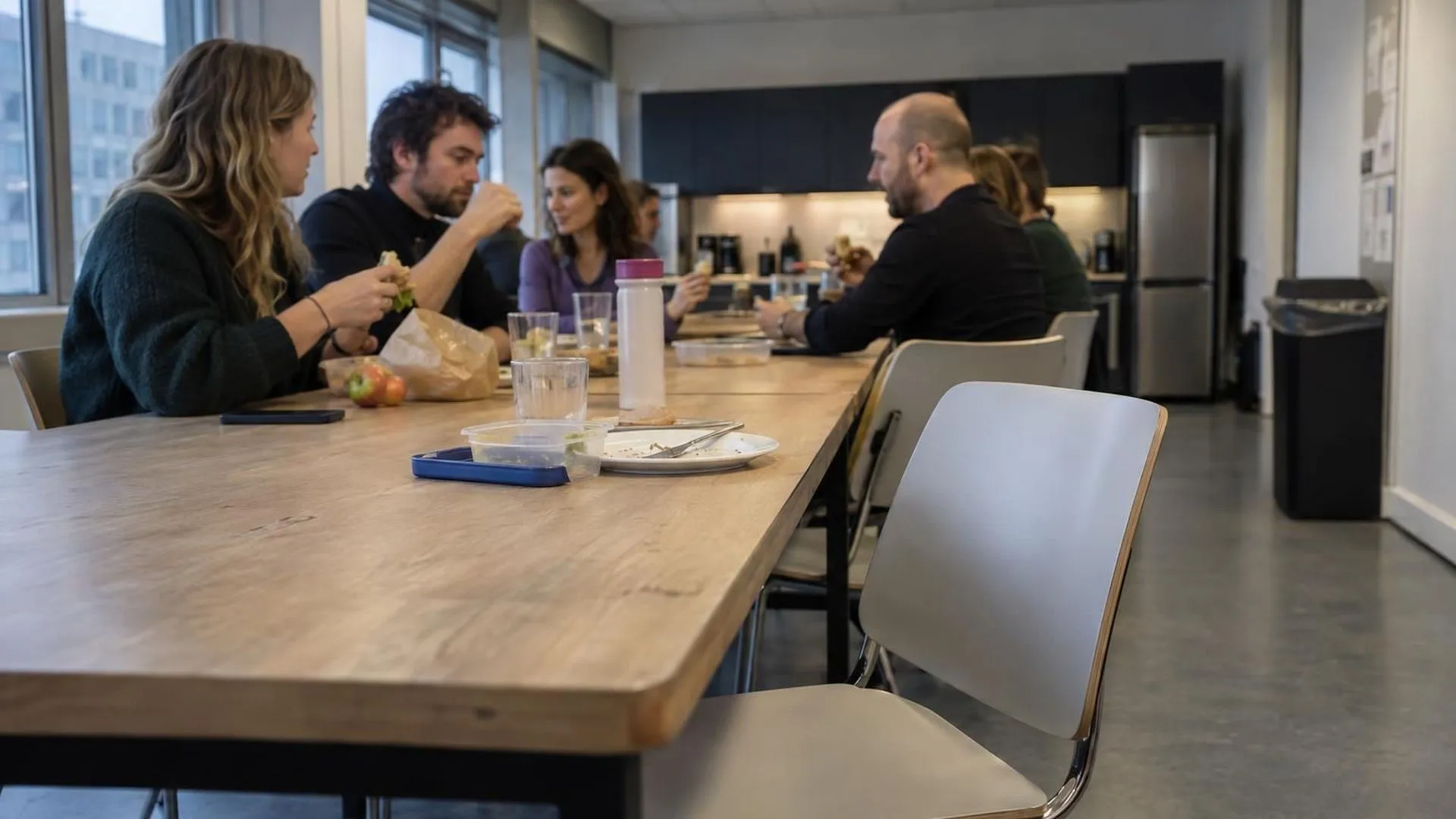 Lege stoel aan de lunchtafel op kantoor terwijl collega's verderop met elkaar praten