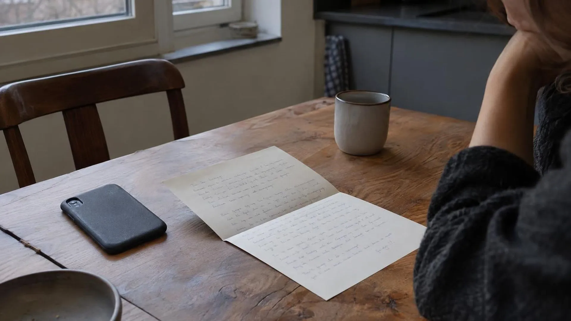 Een handgeschreven brief ligt open op tafel naast een omgekeerde telefoon, in vaal daglicht.