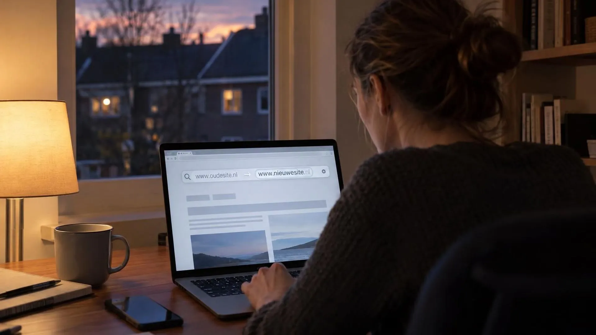 Laptop op een bureau toont een browserbalk waarin het oude webadres overgaat in het nieuwe.