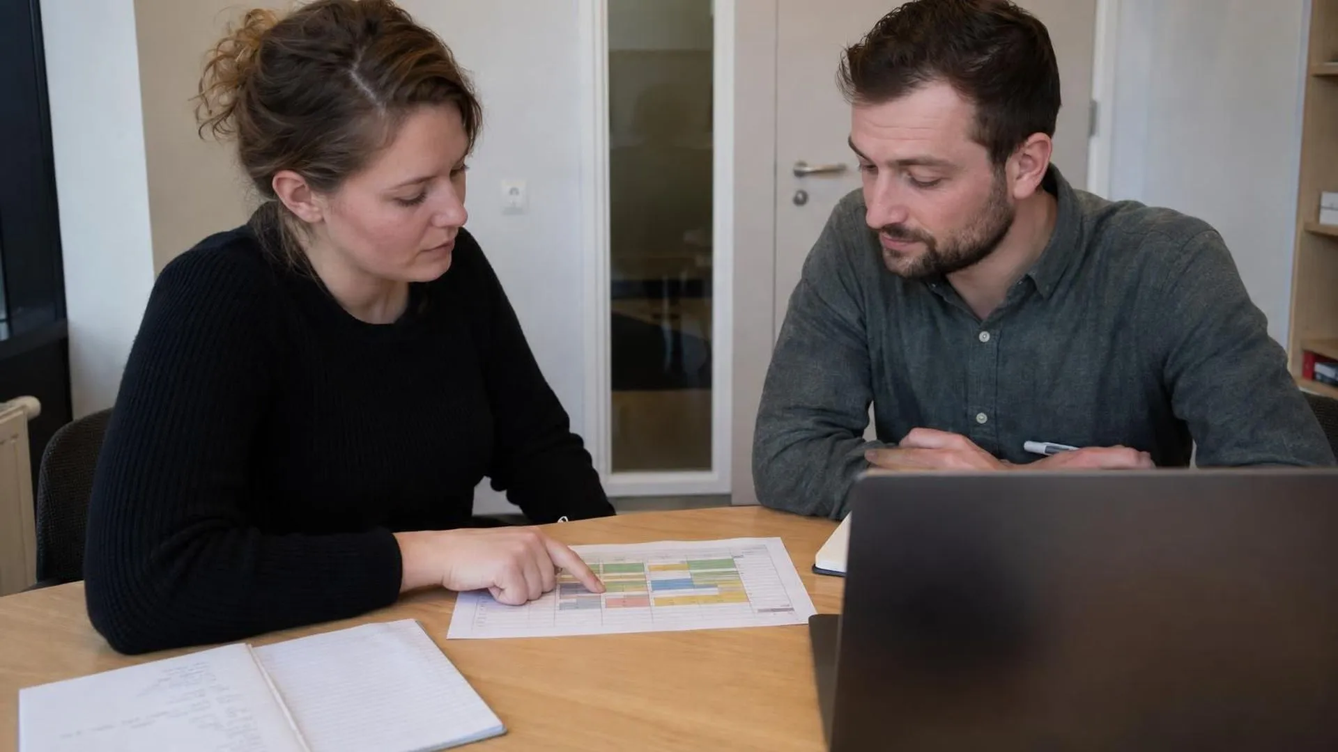 Aan een vergadertafel bekijken twee collega's samen een geprint weekschema, een van hen wijst een week aan.