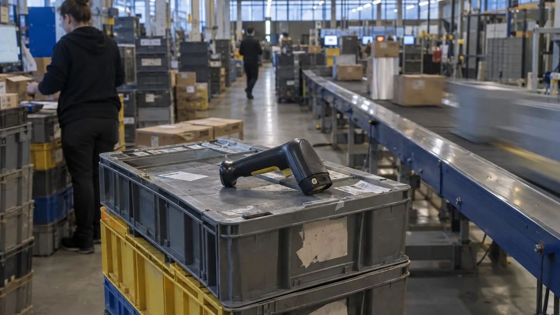 Handscanner op een stapel kratten in het gangpad van een distributiecentrum, aan het einde van een nachtdienst