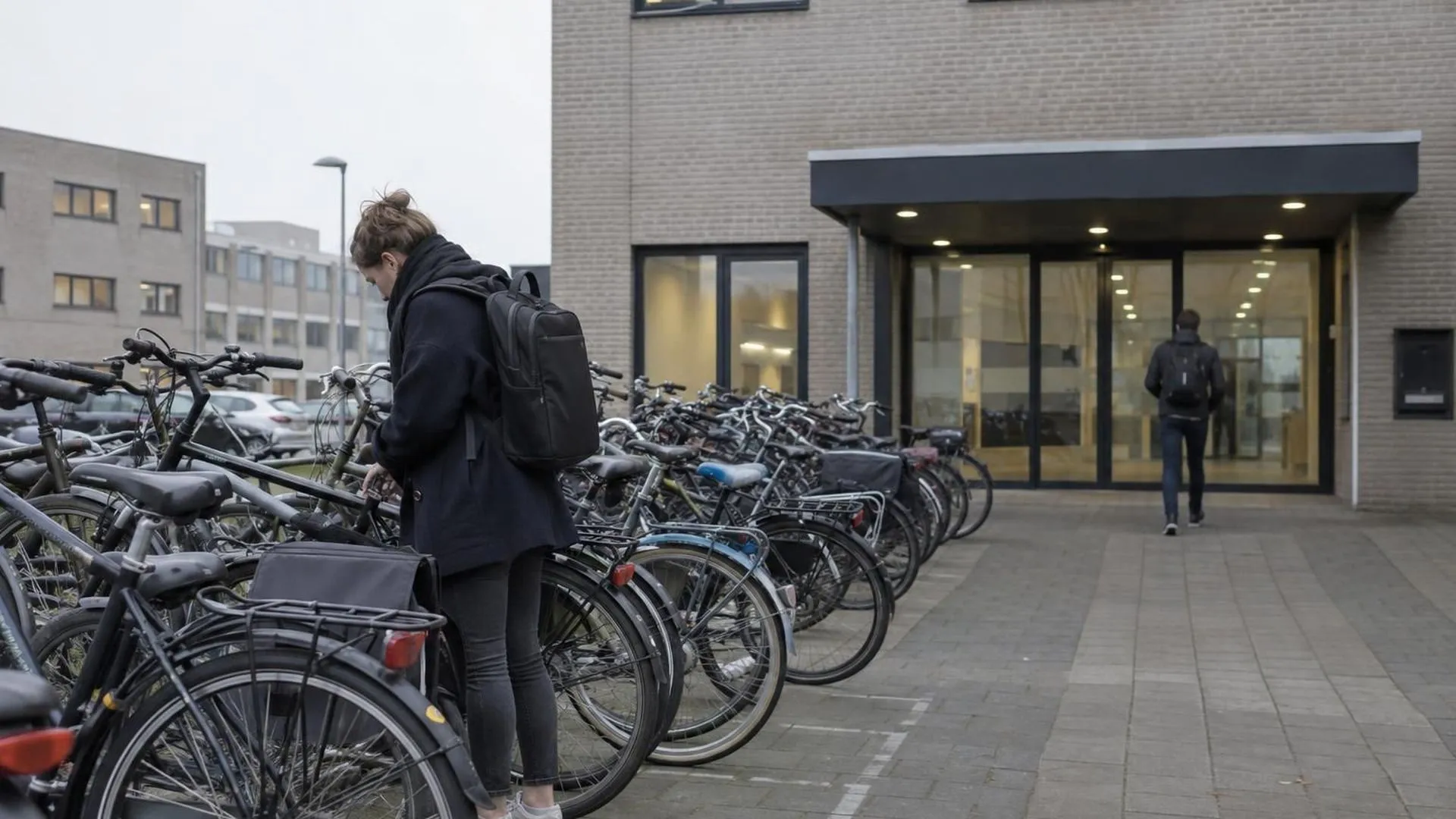 Rijen geparkeerde fietsen voor een gewoon kantoorpand om 8 uur 's ochtends, onder een bewolkte hemel.