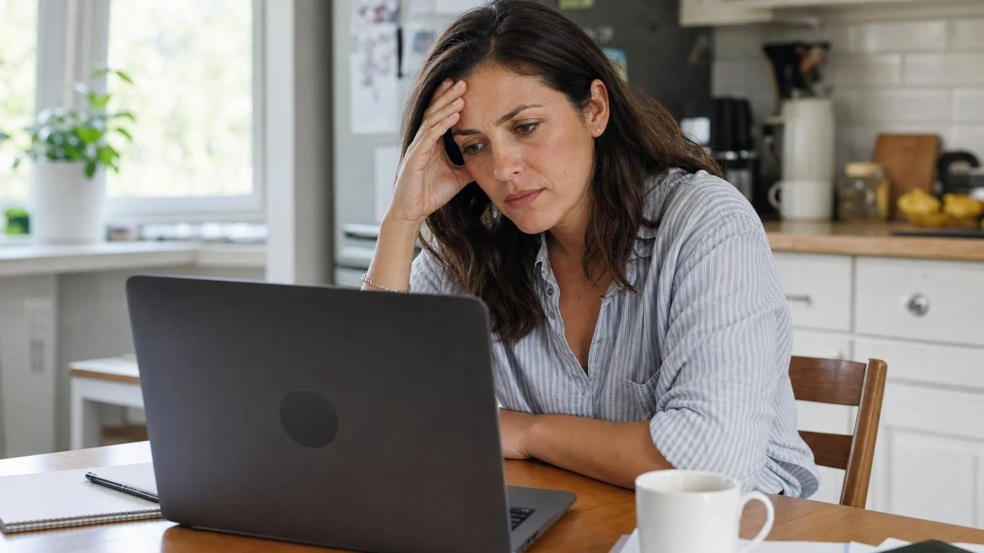 Vrouw zit aan keukentafel achter een laptop met hand bij haar voorhoofd, zichtbaar vermoeid