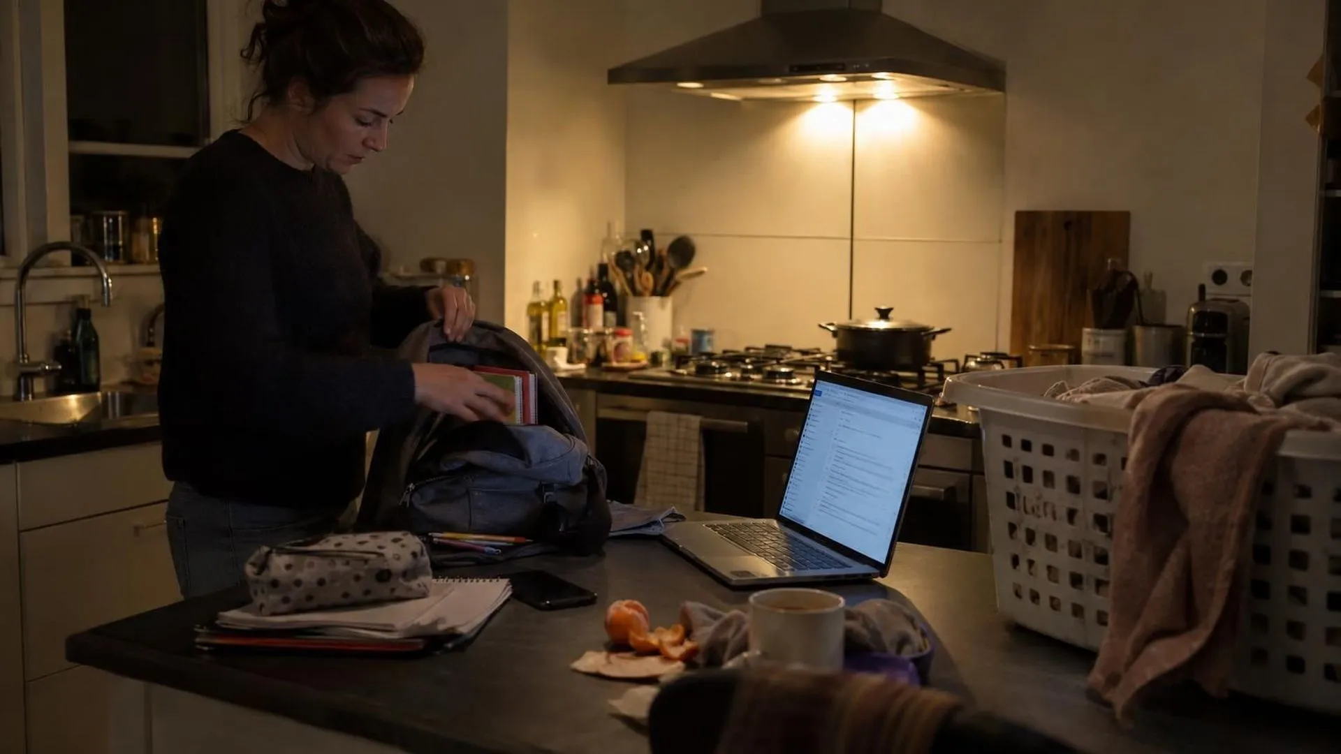 Aanrecht laat op de avond met een schooltas, een wasmand en een nog openstaande laptop, verlicht door het lampje van de afzuigkap.