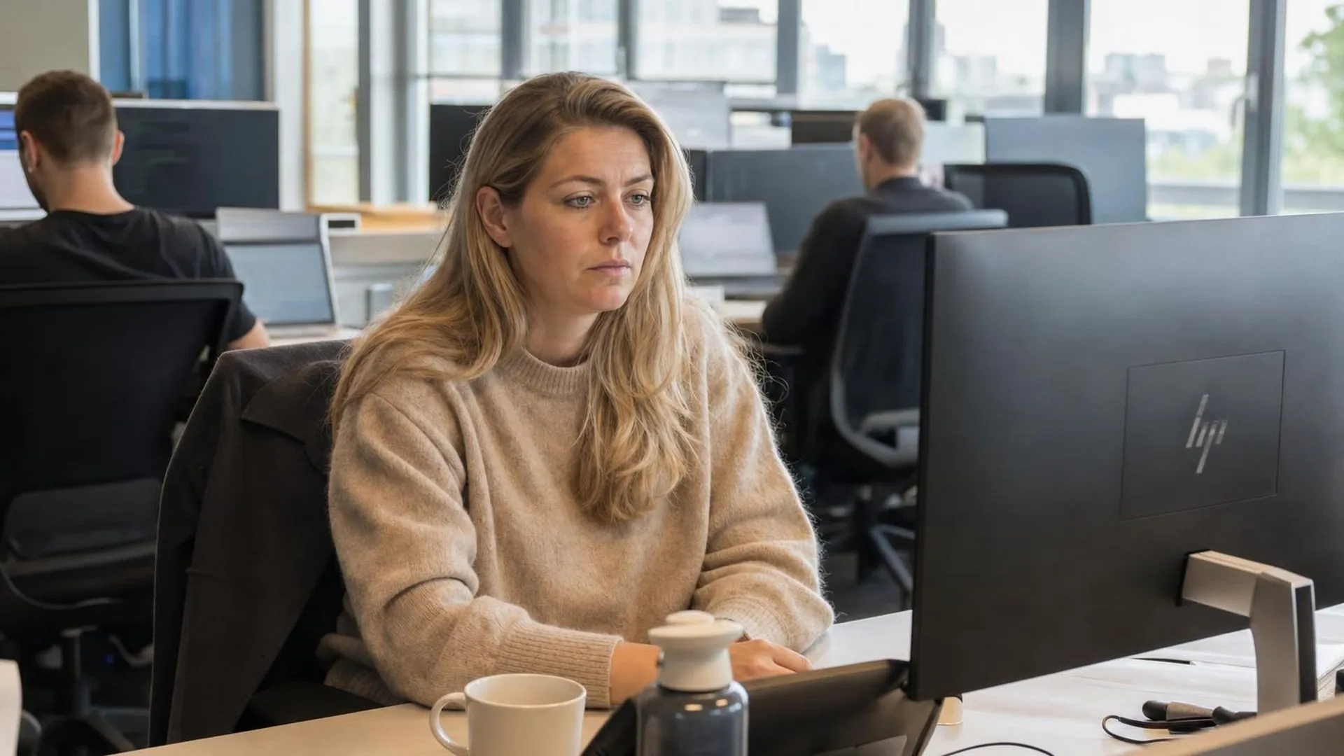 Persoon die verveeld en leeg voor zich uitstaart achter een bureau op het werk