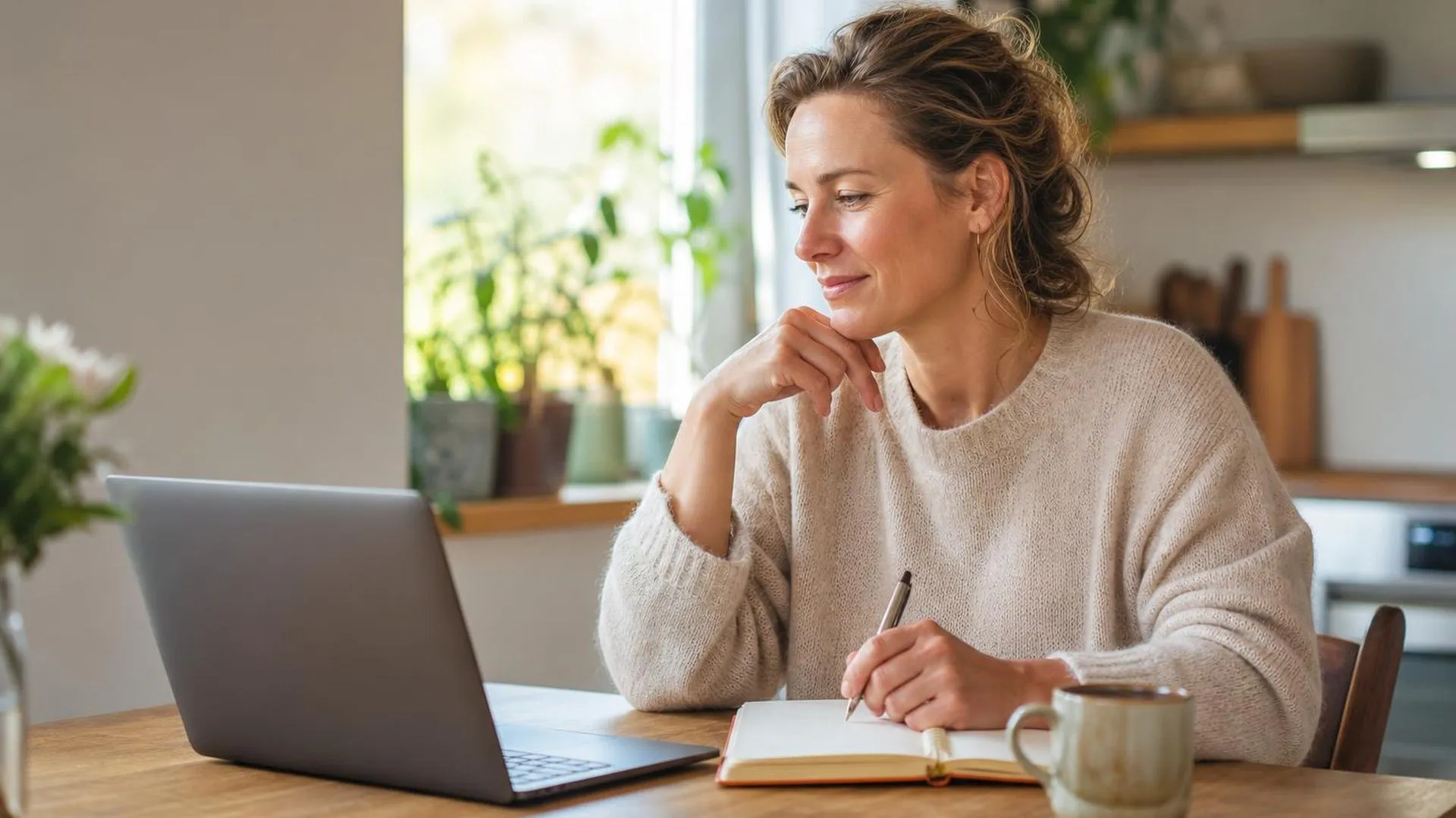 Volwassene aan de keukentafel met laptop en notitieblok, kijkt nadenkend naar een offerte voor een burn-out coachtraject