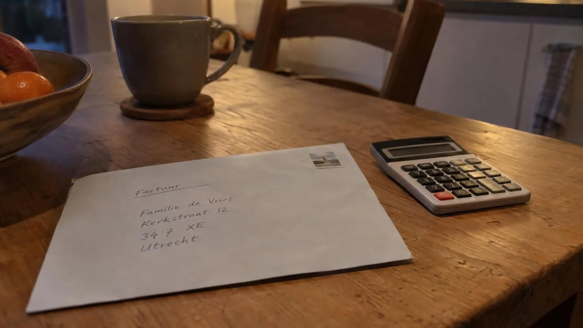Een envelop met een offerte en een rekenmachine op een keukentafel in het avondlicht
