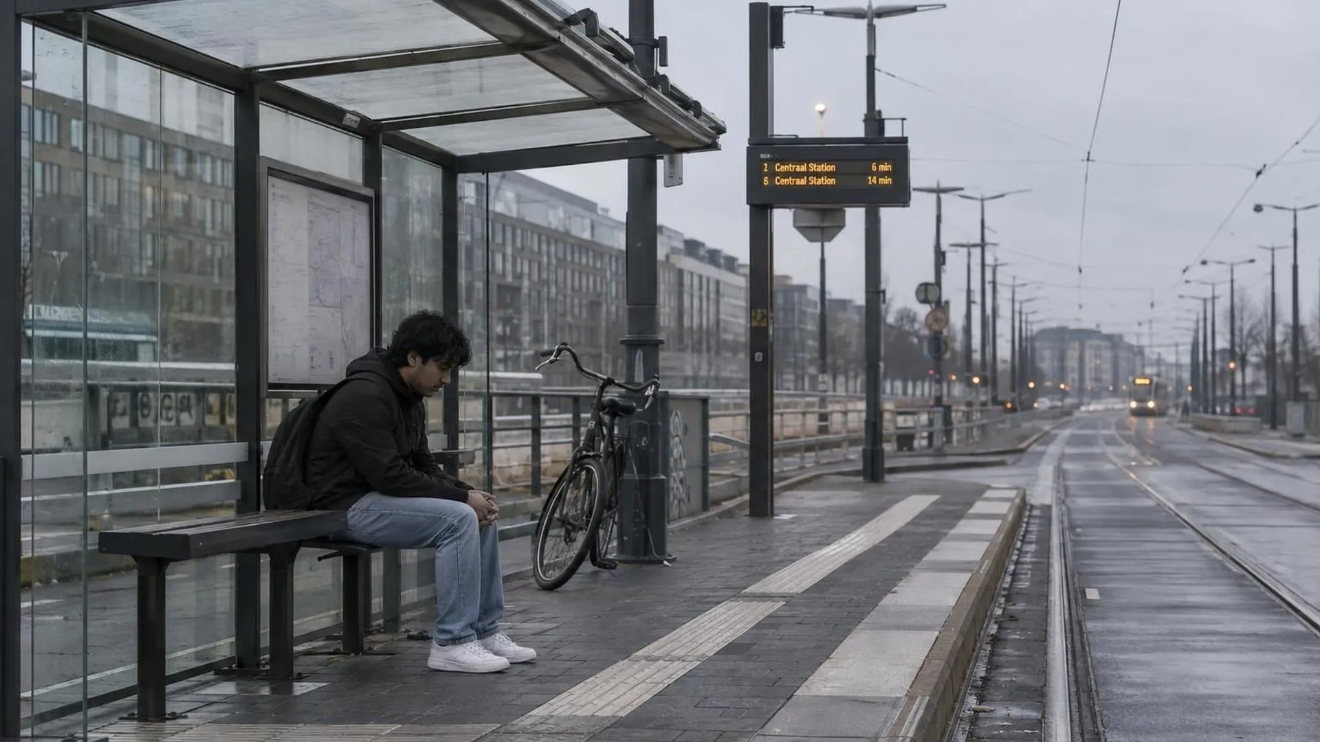 Een lege tramhalte vroeg in de ochtend, met iemand op het bankje die naar de grond kijkt en een fiets tegen de paal