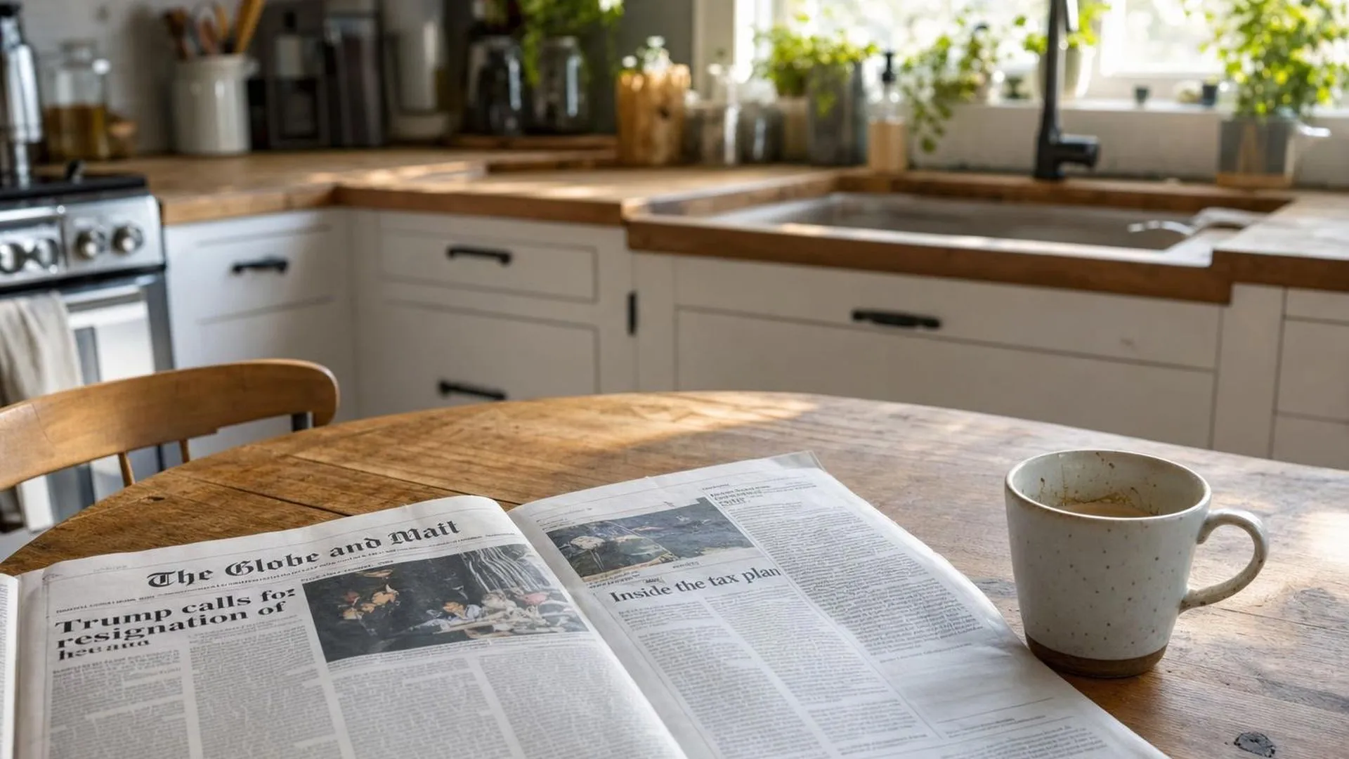 Een opengeslagen krant op een houten keukentafel naast een halfvolle kop koffie in zacht ochtendlicht