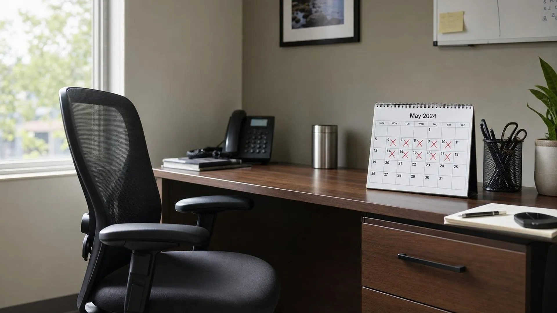 Een lege bureaustoel naast een agenda met doorgestreepte werkdagen, symbool voor het oplopende ziekteverzuim in Nederland